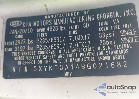 2011 Kia Sorento Lx z USA, uszkodzony, nr VIN 5XYKT3A14BG021682